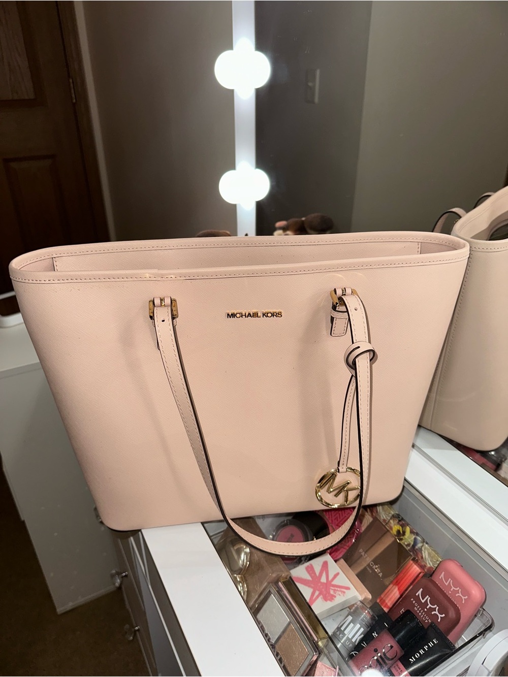 MICHAEL KORS Pale Blush Leather Tote with Gold Charm